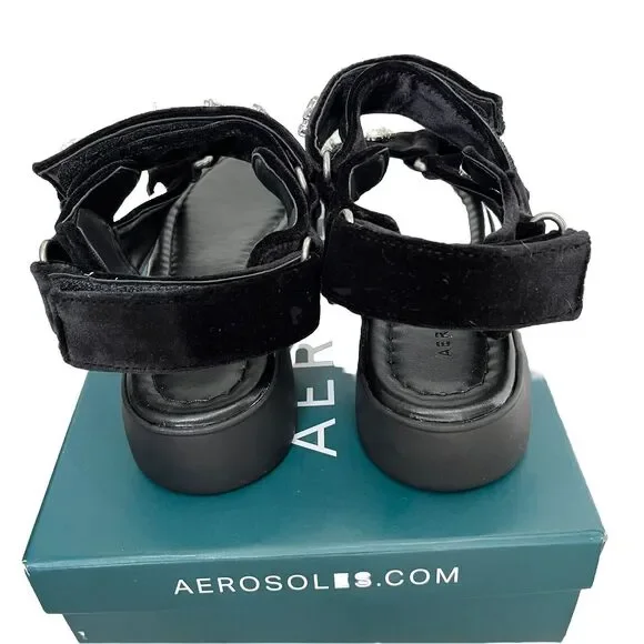 Aerosoles | Onda Black Velvet Crystals Chunky Sandals Size 5.5 NIB - Picture 4 of 7